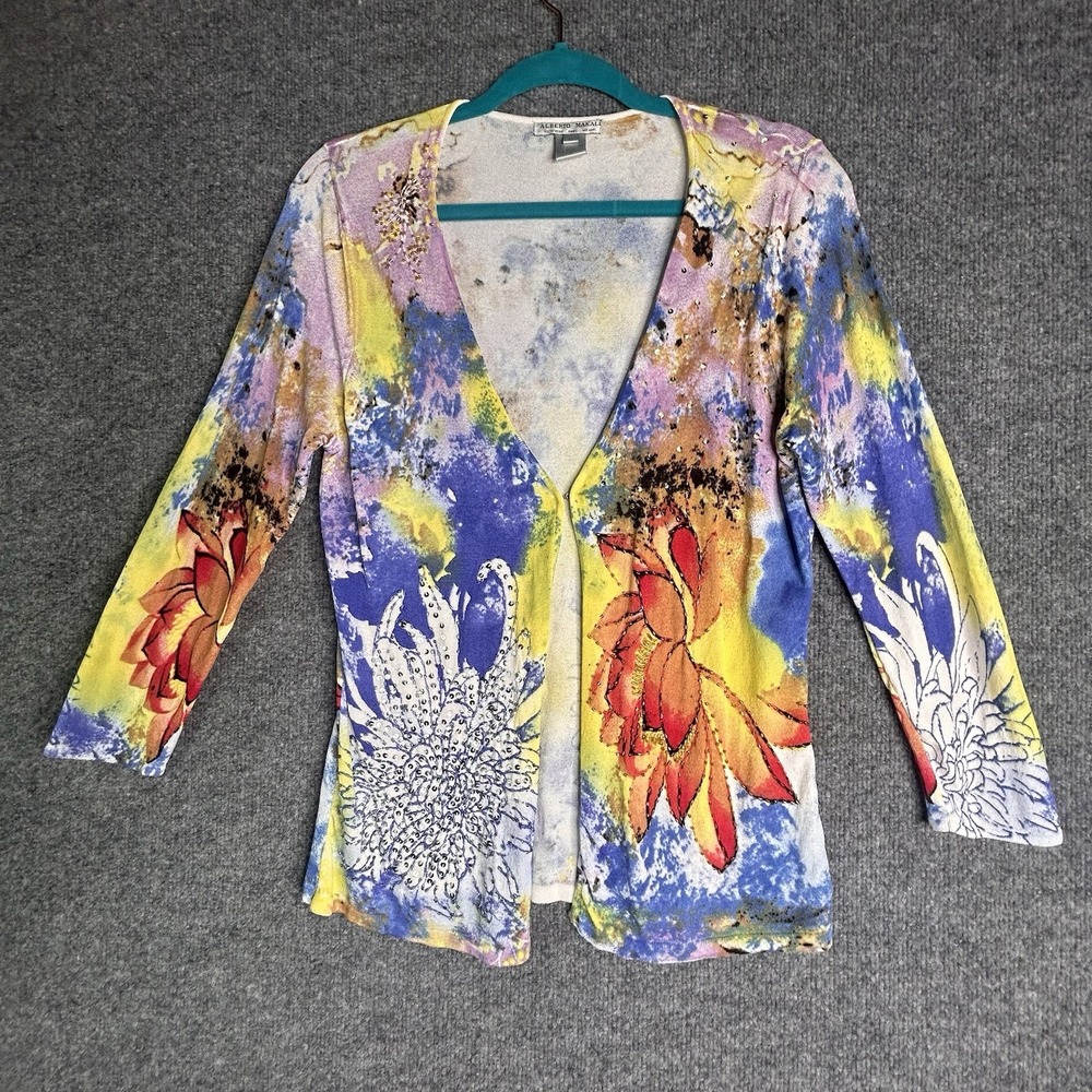 Vintage Alberto Makali Set Cardigan And Tank‎ Large Floral Sequin Artsy Colorful